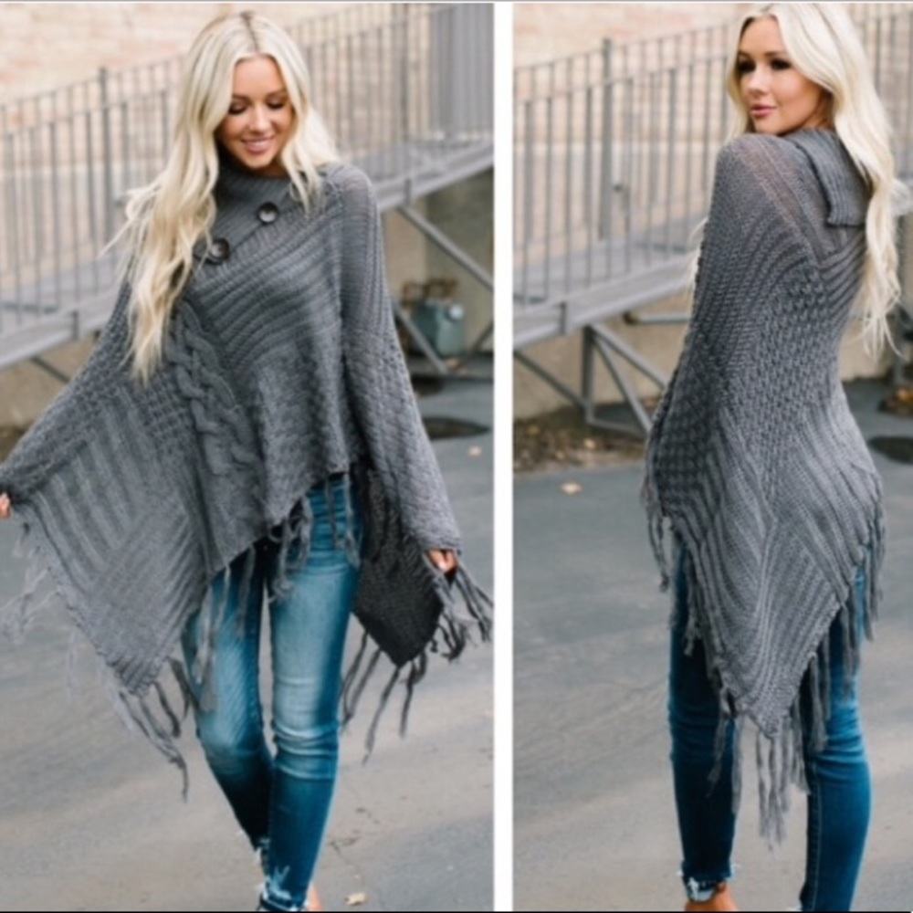 Last 1 New Comfy Knit Fringe Sweater Poncho - Picture 2 of 6